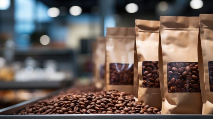 Bags of coffee beans in supermarket