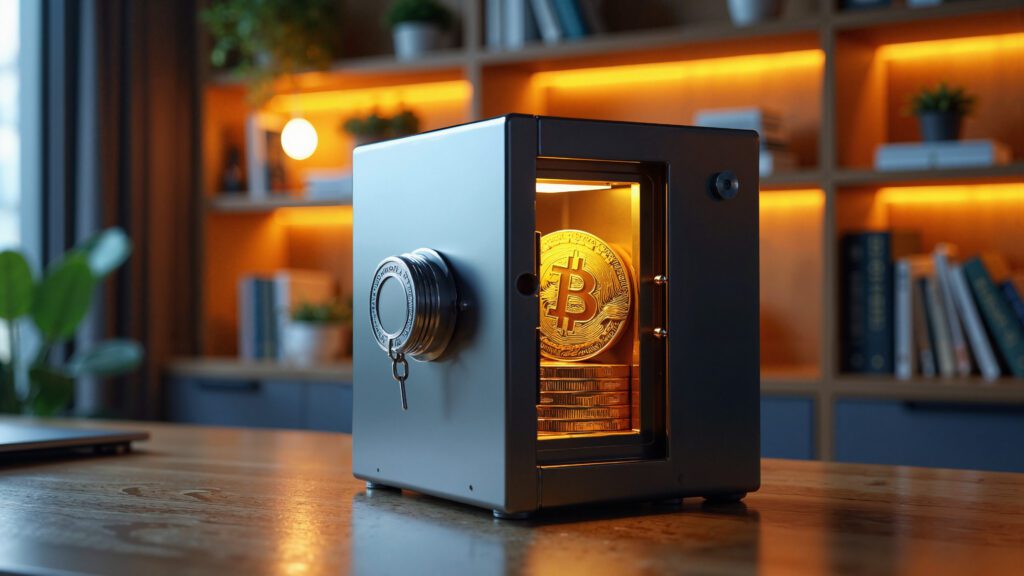 Modern Home Office with Sleek Safe and Shining Bitcoins Ideal for Cryptocurrency Investment Financial Planning and Fintech Marketing | ForexMag crypto, bitcoin, BitMarkets