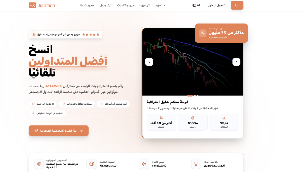 1 arabsky | ForexMag واجهة موقع FX Junction بالعربية تُظهر عنواناً كبيراً باللونين الأسود والبرتقالي: «استكشف أفضل البدائل تلقائياً»، مع بطاقة عرض مخطط أسعار بجانبه.