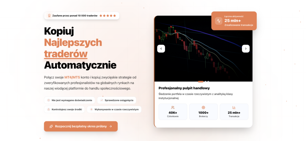 1 polsky | ForexMag Hero section promoting automatic copying of top traders, with Polish headline and a mock device displaying a stock chart on the right.