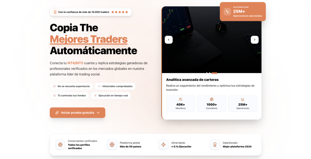 1 španělsky | ForexMag Hero de la página: título en negro y naranja que invita a copiar traders automáticamente, con una imagen de portátil a la derecha el fondo claro.