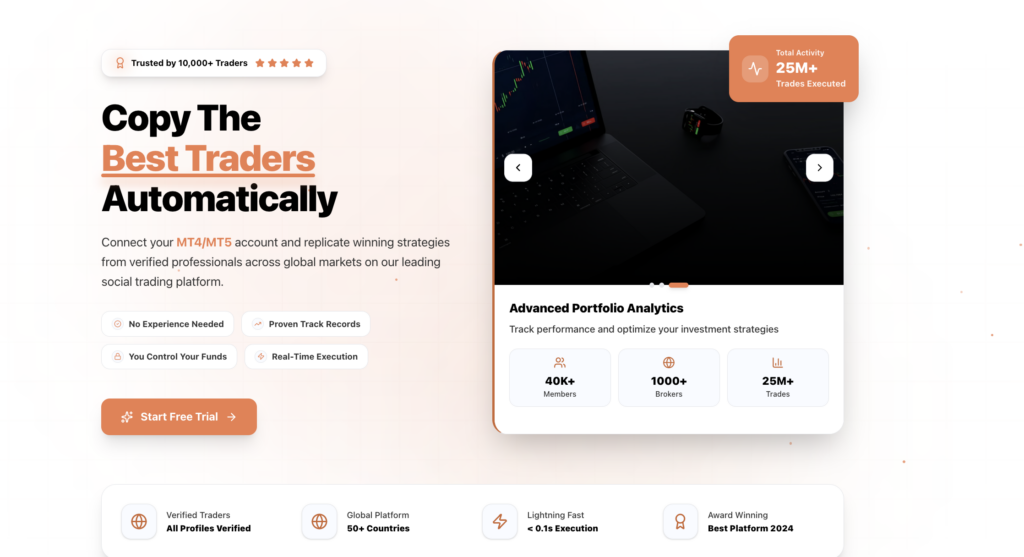 1 anglicky | ForexMag Hero split-screen marketing image promoting automated trading: left side shows bold text “Copy The Best Traders Automatically” with a subtitle, right side displays a device mockup and orange badge reading “Total Activity 25M+ Trades Executed.”