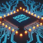 European Passports Reportedly Contain Components Linked to Chinese Investors Under U.S. Restrictions Close-up of a microchip on a blue circuit board with glowing orange indicators and the text 'DIGITAL product passport'.