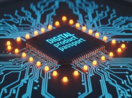 Close-up of a microchip on a blue circuit board with glowing orange indicators and the text 'DIGITAL product passport'.