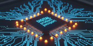 Close-up of a microchip on a blue circuit board with glowing orange indicators and the text 'DIGITAL product passport'.