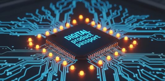 Close-up of a microchip on a blue circuit board with glowing orange indicators and the text 'DIGITAL product passport'.