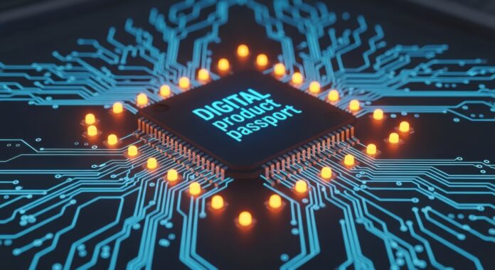 Digital passport Close-up of a microchip on a blue circuit board with glowing orange indicators and the text 'DIGITAL product passport'.