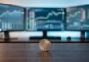 Oracle: Strong Results That Have Raised Concerns Coin standing on a wooden desk with three monitors in the background showing stock market charts.