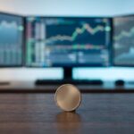 Oracle: Strong Results That Have Raised Concerns Coin standing on a wooden desk with three monitors in the background showing stock market charts.
