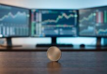 Oracle: Strong Results That Have Raised Concerns Coin standing on a wooden desk with three monitors in the background showing stock market charts.
