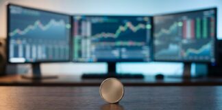 Coin standing on a wooden desk with three monitors in the background showing stock market charts.