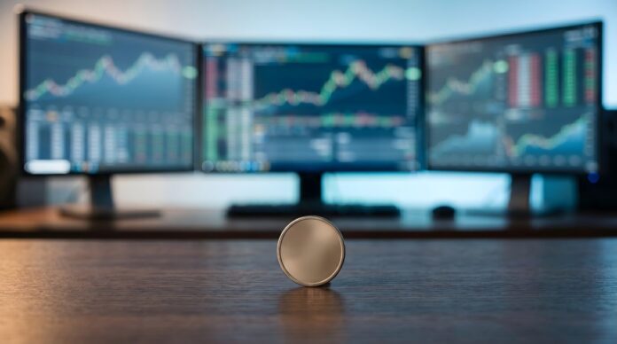 Coin standing on a wooden desk with three monitors in the background showing stock market charts.