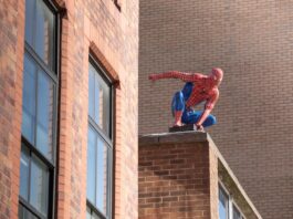 Spider-Man action figure crouching on a brick ledge of a building behind tall windows.