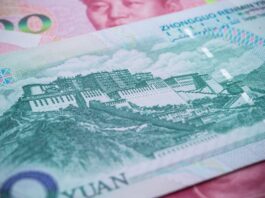 Close-up of a Chinese yuan banknote showing a historic fortress/Great Wall-style illustration and security patterns